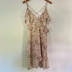 🦋 Xhilaration Cream Pink Floral V-Neck Ruffle Hi-Low Midi Dress Wedding Medium